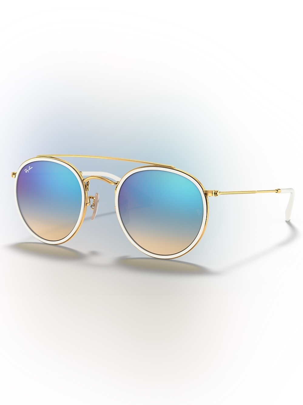 Round Double Bridge Ray Ban Gold Frame Blue Gradient Lens Sunglasses